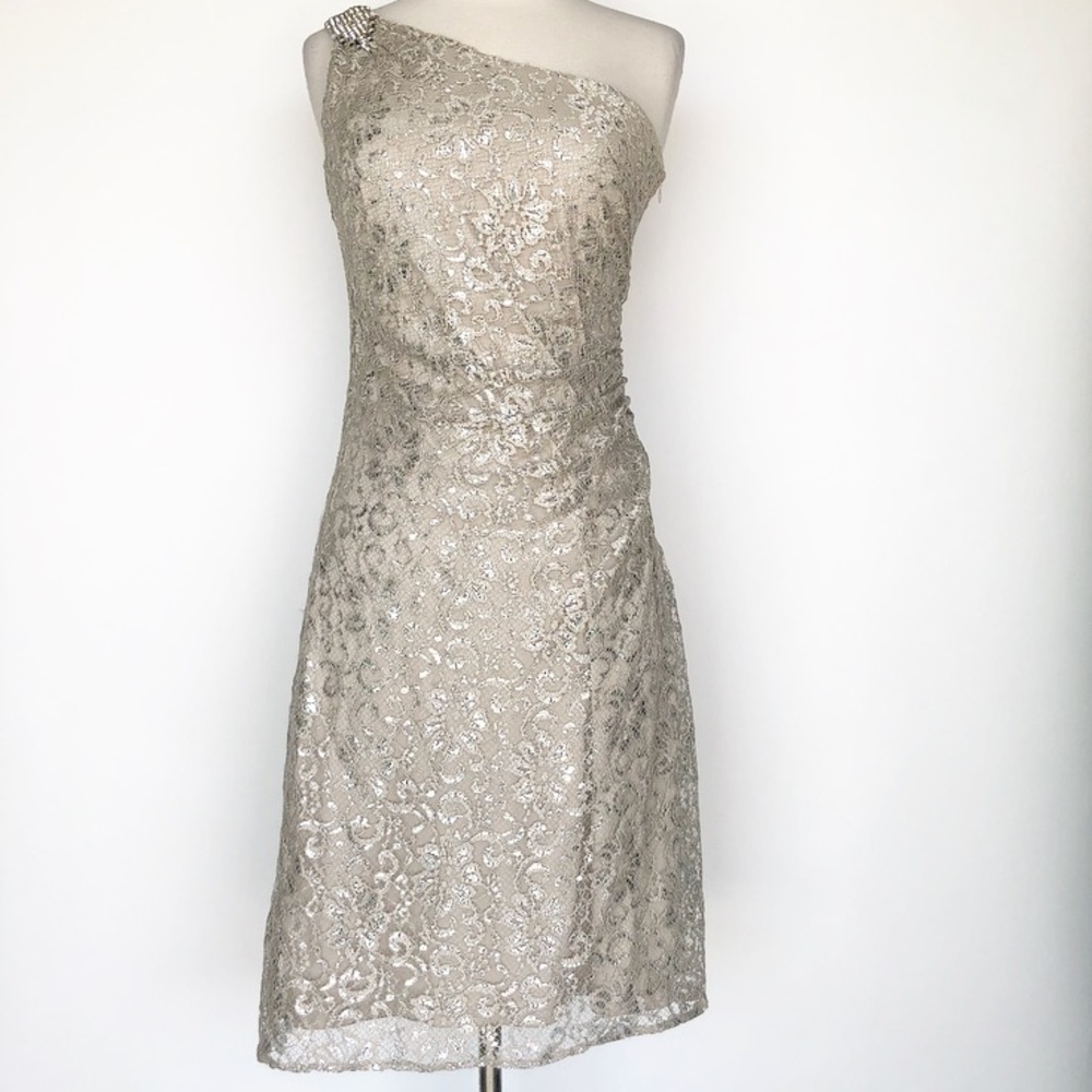 Calvin Klein silver one shoulder formal dress